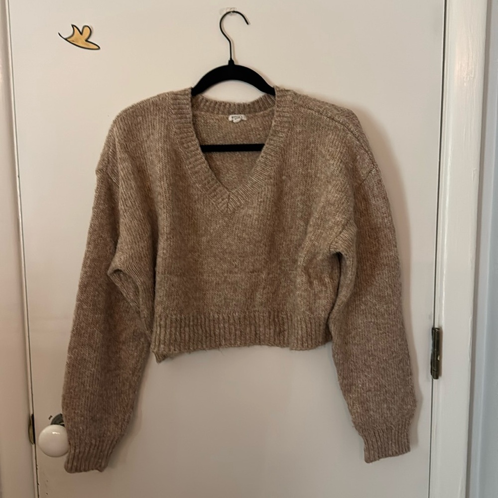 Garage Cropped Tan V-neck Sweater